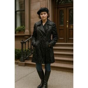 INC International Concept Satin Trench Coat M Black Jacket Button Up Pockets